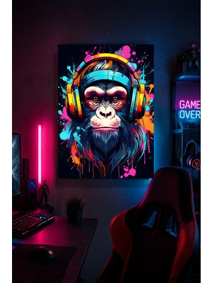 Lucena Gaming Goril Metal Duvar Tablosu Kulaklıklı Gamer Oda Dekoru Renkli Tasarım 15X20 cm A5 Boyutunda