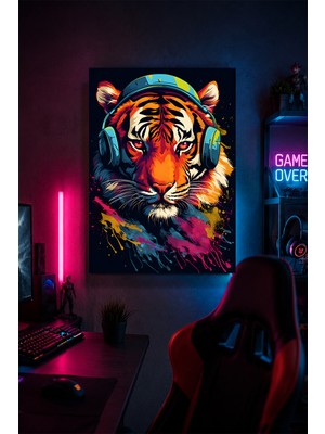 Lucena Gaming Kulaklıklı Kaplan Metal Duvar Tablosu Gamer Oda Dekoru Renkli Tasarım 15X20 cm A5 Boyutunda