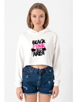 Tshirthane Black Pink In Your Area Ekru Kadın Crop Kapşonlu