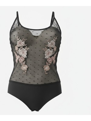 Bonbon Kadın Giyim Askılı Likralı Tül Kumaş Nakış Işlemeli Arkası Çapraz Çıtçıklı Siyah Renk Body BB2662