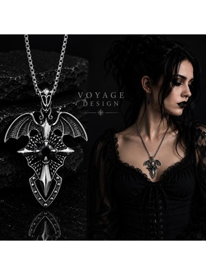 Voyage Accessory Paslanmaz Çelik Siyah Zirkon Taşlı Melek Kanat Stil Gotik Kadın Kolye