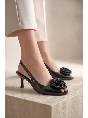 Gökhan Talay Cevora Peep Toe Fındık Burun (4/6 Cm) El Yapımı Gül Detaylı Siyah Rugan Kadın Topuklu Ayakkabı