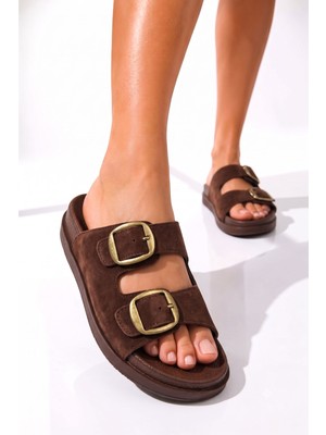 Albishoes Kadın Ayarlanabilir Çift Tokalı Süet Malzeme Konfor Rahat Taban Günlük Kadın Terlik