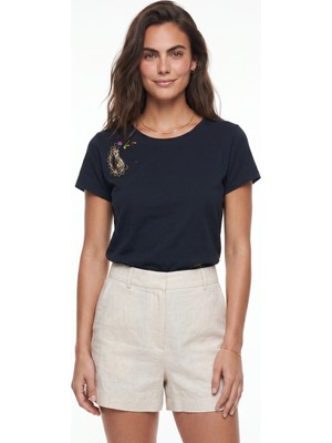 Onloox Siyah Pamuklu Bisiklet Yaka Kısa Kollu Sanatsal El Işi Nakış Detaylı Premium Tasarım T-Shirt
