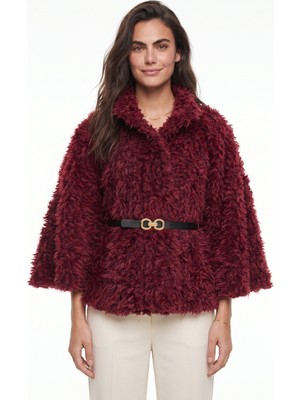 Onloox Bordo Yumuşak Dokulu Polyester Kumaş Kemer Detaylı Peluş Panço