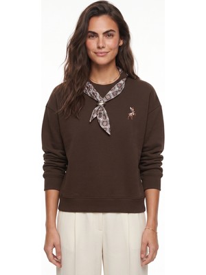 Onloox Acı Kahve Üç Iplik Şardonlu Pamuklu Oversize Ceylan Nakışlı Fular Detaylı Sweatshirt