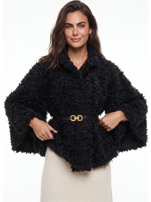 Onloox Siyah Yumuşak Dokulu Polyester Kumaş Belden Kemer Detaylı Peluş Form Panço