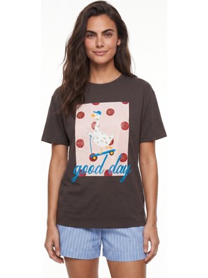 Onloox Kahverengi Yumuşak Hafif Kumaş Bisiklet Yaka Relaxed Fit Nakışlı Figür Baskılı T-Shirt