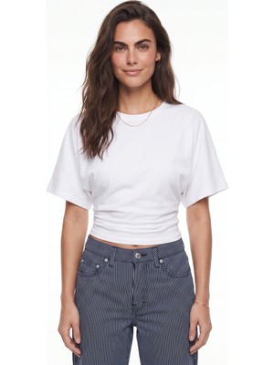 Onloox Beyaz Pamuklu Bisiklet Yaka Yarasa Kol Rahat Kalıp Yanı Büzgülü Gizli Fermuar Detaylı T-Shirt