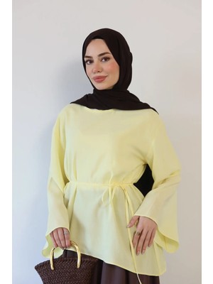 Moonsc Kadın Asimetrik Kesim Bel Bağlamalı Modal Sarı Tesettür Gömlek