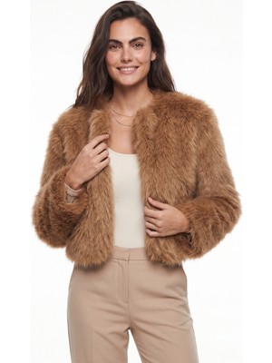 Onloox Taba Polyester Kumaş Suni Kürklü Astarlı Uzun Kollu Rahat Kesim Yumuşak Dokulu Mont