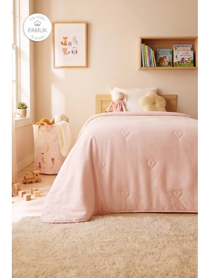 Ocean Home Textile %100 Pamuk Penye Pembe Kalp Nakışlı Çocuk Tek Kişilik Çok Amaçlı Örtü 155 x 215 cm
