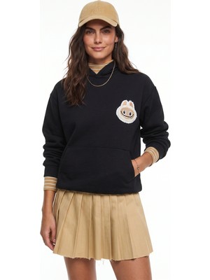 Onloox Siyah Pamuklu Kapüşonlu Uzun Kollu Nakış Işlemeli Kanguru Cepli Sweatshirt