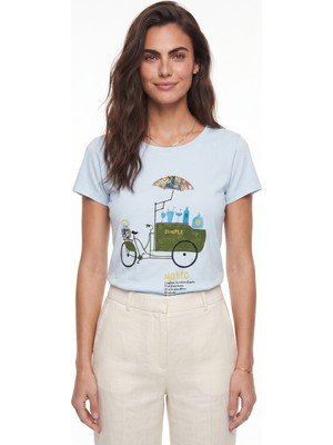 Onloox Bebe Mavisi Pamuklu Bisiklet Yaka Kısa Kollu El Işi Nakışlı Bisiklet Baskılı T-Shirt