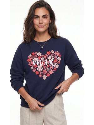 Onloox Lacivert Pamuklu Üç Iplik Şardonlu Yuvarlak Yaka Pati Baskılı Rahat Form Sweatshirt