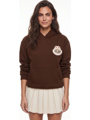Onloox Kahve Pamuklu Karışım Kapüşonlu Yaka Nakış Işlemeli Kanguru Cepli Sweatshirt