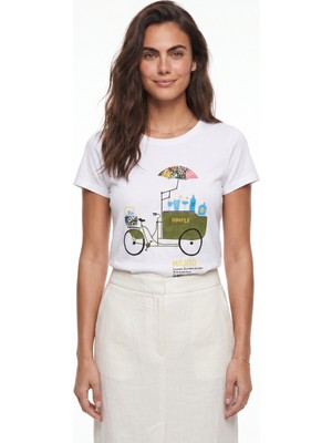 Onloox Beyaz Pamuklu Bisiklet Yaka Kısa Kollu Nakışlı ve Bisiklet Baskılı Tasarım T-Shirt