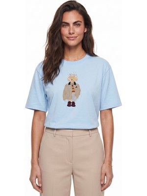 Onloox Bebe Mavisi Pamuklu Kısa Kollu Relaxed Fit Köpek Nakışlı Taş Işlemeli T-Shirt