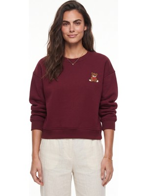 Onloox Bordo Üç Iplik Şardonlu Kumaş Bisiklet Yaka Ayıcık Işlemeli Rahat Form Sweatshirt