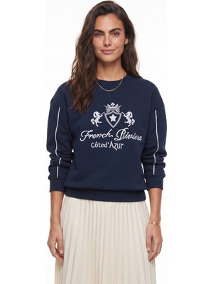 Onloox Lacivert Pamuklu Bisiklet Yaka Şardonlu Üç Iplik Nakış Işlemeli Sweatshirt