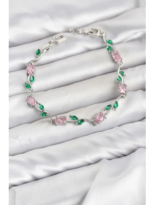 Moresun Buğz Pirinç Gümüş Renk Pembe Zirkon Taşlı Çiçek Model Kadın Bileklik