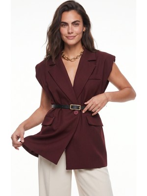 Onloox Bordo Pamuklu Karışım Oversize Vatkalı Cep Detaylı Kemerli Astarlı Blazer Yelek