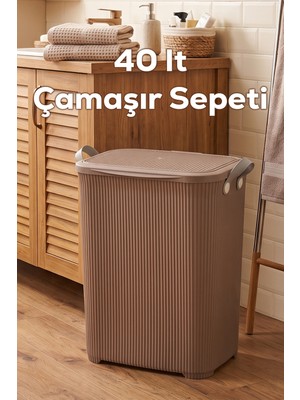 Porsima 0750-2 Stil Kapaklı Kirli Çamaşır Sepeti - Dikdörtgen Kirli Çamaşır Sepeti Mokka 40LT