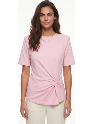 Onloox Pembe Yumuşak Dokulu Kısa Kollu Rahat Kalıp Vatkalı Omuz Yanı Düğüm Detaylı T-Shirt