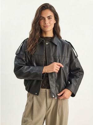 Onloox Siyah Suni Deri Kumaş Oversize Kesim Apolet Detaylı Cepli Bomber Ceket
