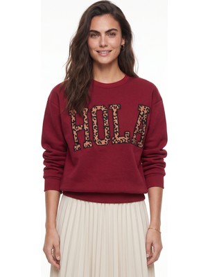 Onloox Bordo Pamuklu Üç Iplik Şardonlu Leopar Nakış Detaylı Uzun Kollu Sweatshirt