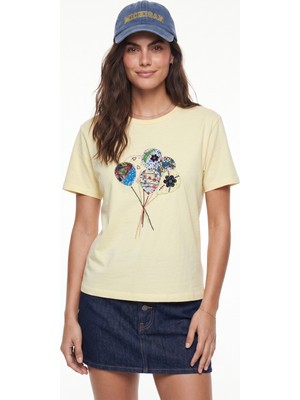 Onloox Tereyağ Pamuklu Bisiklet Yaka Kısa Kollu Renkli Balon Nakış Detaylı Günlük Kullanım T-Shirt