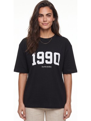 Onloox Siyah Pamuklu Bisiklet Yaka Kısa Kollu Oversize 1990 Baskılı Basic T-Shirt