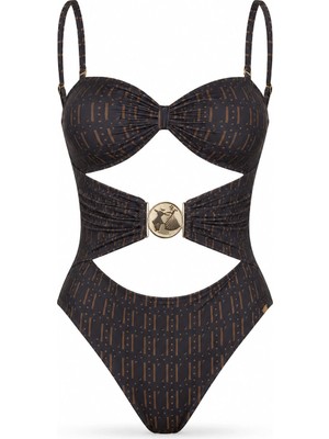 D Lingerie Noir À Motif Marron Ince Askı Mayo - DM3953