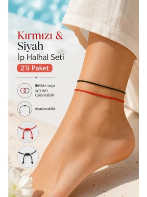 Sacce Scarves & Accessories Kırmızı Siyah Ip Halhal Seti 2'li Paket Ayarlanabilir Makrome Halhal