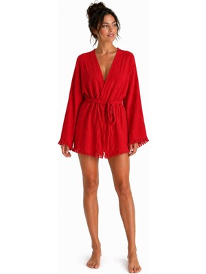 Mulberry Layra Kadın Ekru Müslin Kimono Bornoz – Kuşaklı, Püskül Detaylı, Oversize Rahat Kesim Plaj & Ev Giyim