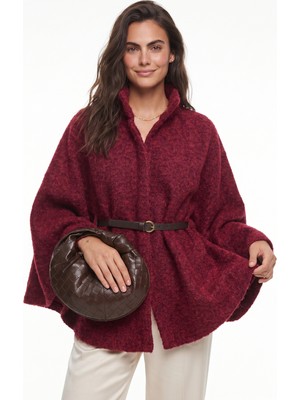 Onloox Bordo Buklet Kumaş Kemerli Araboy Kaşe Dokulu Geniş Kesim Poncho