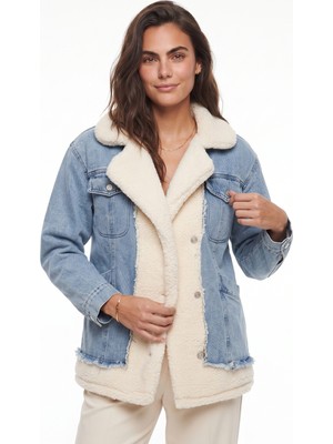 Onloox Bej Mavi Pamuklu Karışımlı Kumaş Uzun Kollu Tedy Astar Detaylı Dört Cepli Denim Ceket Mont