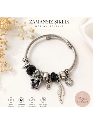 Singularis Premium Gümüş Renk Çelik Tel Kelepçe Tüy ve Kalp Figürlü Charm Kadın Bijuteri Bileklik