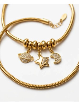 Singularis Kadın Gold Cosmo Shine Zirkon Taşlı Satürn Ay Yıldız Charm Bileklik