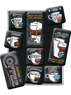 Nostalgic-Art Retro Buzdolabı Mıknatısları, 9 Adet, Anatomy Of Coffee – Kahve Hayranları Için Hediye Fikri, Mıknatıslı Tahta Için Mıknatıslı Set, Vintage Tasarım