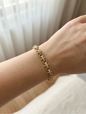 Singularis Premium Tasarım Taşlı Geometrik Formlu Gold Modern Bileklik