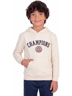 Onloox Erkek Taş Pamuklu Kapüşonlu Uzun Kollu Regular Nakış Baskılı Kanguru Cepli Sweatshirt (4-8 Yaş)