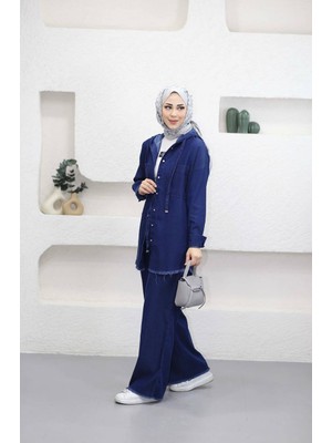 Suede Style 5649 - Şık Rahat Ince Kumaş Kadın Kot Pantolon Gömlek Takımı
