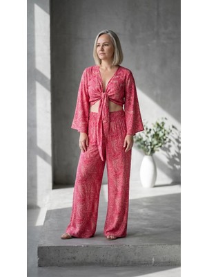 Byemelika %70 ipek , İki Parçalı , Bağlamalı Bluz Detaylı Bohem Takım ( Pembe)