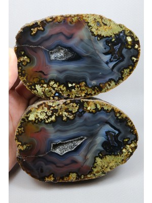 Healcrystal Slate Mavi Şeritli ve Fıstık Yeşili Nakışlı Büyük Siyah Deniz Akik