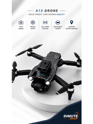 Dimute Shop A13 Drone 4K Hd Kameralı Fırçasız Motor Akıllı Engel Sensörlü Katlanabilir Drone