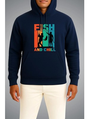 Bahriyeli Collection Kapüşonlu Fish And Chill Göğüs Baskılı Unisex Sweatshirt
