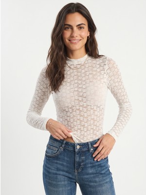 Onloox Beyaz Dantel Esnek Dokulu Yarım Balıkçı Yaka Uzun Kollu Transparan Detaylı Bodysuit Bluz