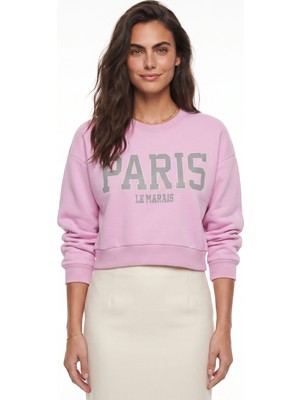 Onloox Şeker Pembe Pamuklu Bisiklet Yaka Üç Iplik Şardonlu Paris Baskılı Ribanalı Sweatshirt