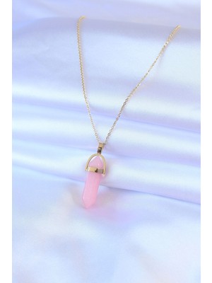 VeraGlobe Buğz 316L Çelik Gold Renk Kristal Pembe Taş Model Kadın Kolye - Buğz